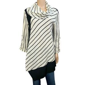 Ali Miles Striped Tunic Top Cowl Neck Oversized Lagenlook Asymmetrical
